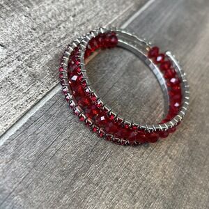 Red Crystal Stretch Bracelet Silver Tone Sparkle Elegant Fashion Jewelry‎